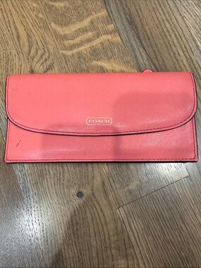 Coach Coral Pink Saffiano Leather Wallet Clutch - Fold-Over
